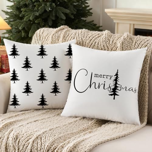 Black and White Merry Christmas Tree Throw Pillow Covers 18x18 (Set of 2)