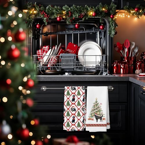 Mj Preppy Christmas Dog Kitchen Towels - Black Lab Holiday Dish Hand Towels Set of 2
