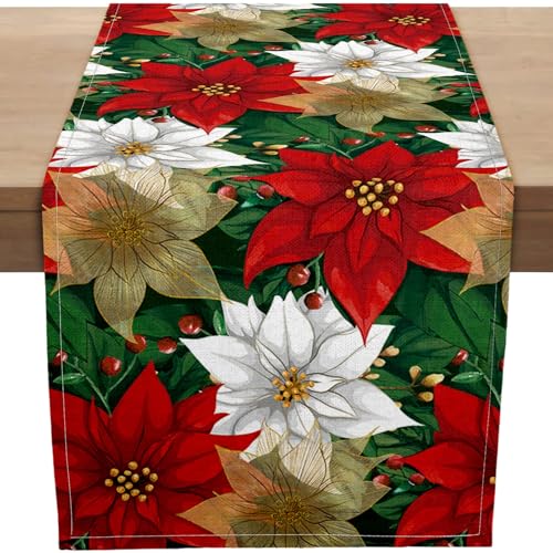 Christmas Poinsettia Table Runner 13x48 Inch Burlap Holiday Decor for Home & Kitchen