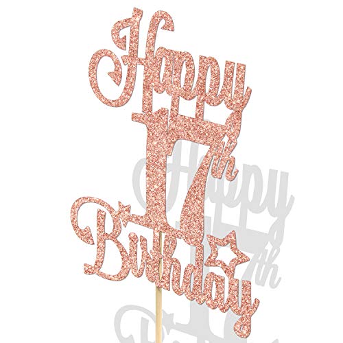 Happy 17th Birthday Cake Topper - Rose Gold Glitter Decoration