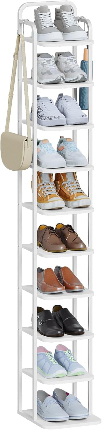Hzuaneri 10 Tiers Vertical Shoe Rack, Narrow Shoe Tower, Tall Shoes Shelf with 2 Hooks, Adjustable Shelves, Corner Shoes Shelves for Small Spaces, Entryway, Living Room, White SR11213W