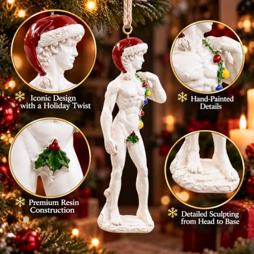 Michelangelo's David Christmas Ornament - Festive Holiday Decor with Lights & Holly Leaf - 4.5 Inches - Classic David V3.0