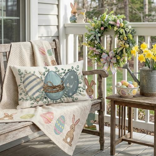 Easter Throw Pillow Cover 12x20 - Blue Eggs Eucalyptus Farmhouse Decor