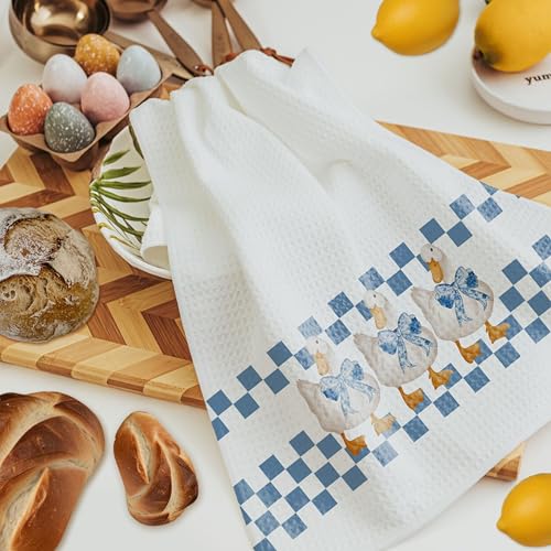 Silly Goose Kitchen Towel - Blue Bow Preppy Retro Checkered Hand Towel