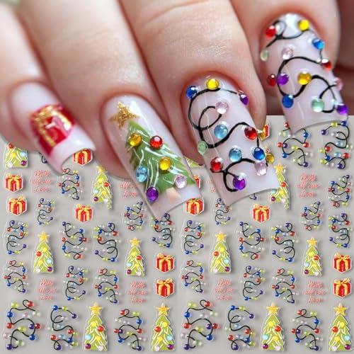 IDDFEVE 5D Christmas Nail Stickers Embossed Xmas Light String Decals 2 Sheets
