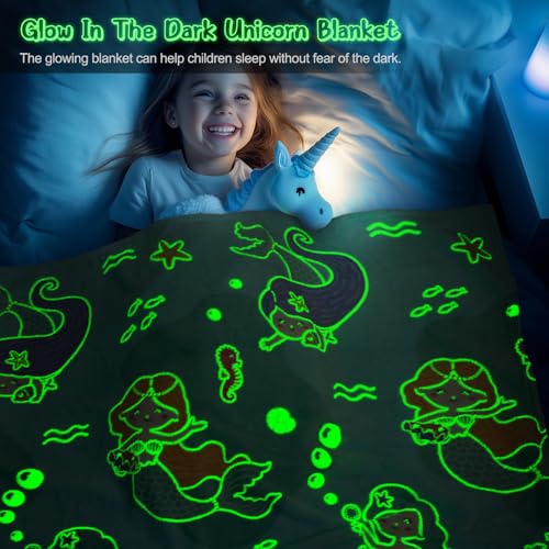 Levens Blue Mermaid Glow in the Dark Throw Blanket, Soft Plush 50"x60" Gift