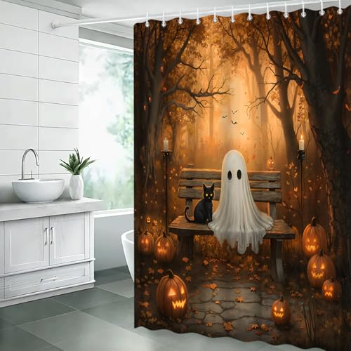 Halloween Ghost Shower Curtain - 70 x 70 Inch Spooky Bathroom Decor