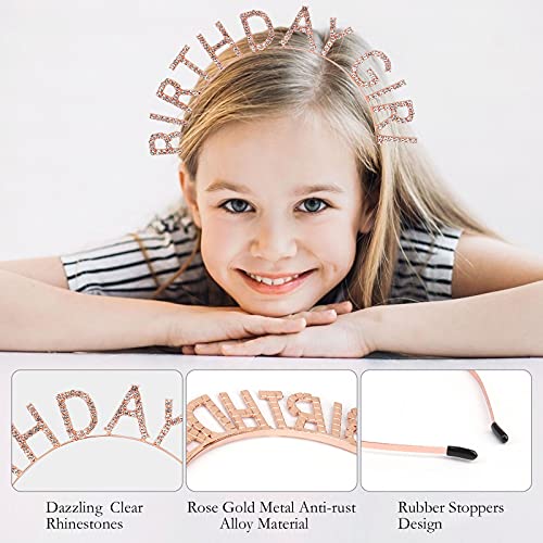 CIEHER Birthday Girl Tiara Headband and Rose Gold Glitter Sash Set