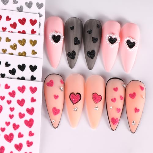 Glitter Heart Nail Stickers 3D Shiny Love Decals for Valentine's Day Manicure