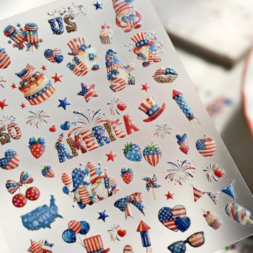 KRTBKR 5D Embossed 4th of July Nail Stickers American Flag Patriotic Decals