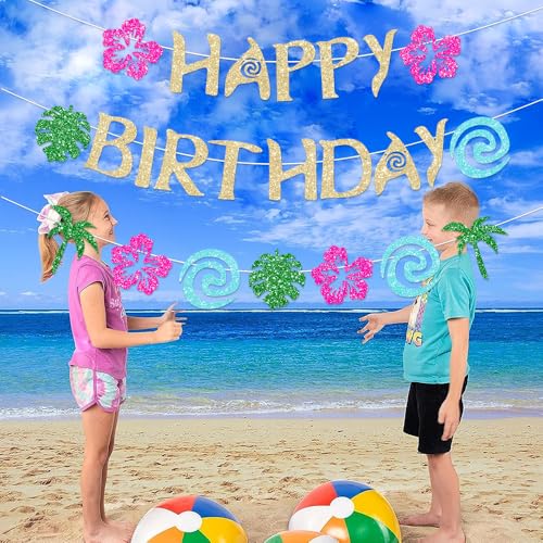 Glittery Gold Moana Birthday Banner - Tropical Luau Party Decor