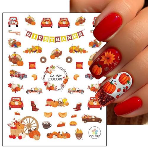 Fall Nail Stickers 6 Sheets Thanksgiving Turkey Pumpkin Autumn Decals
