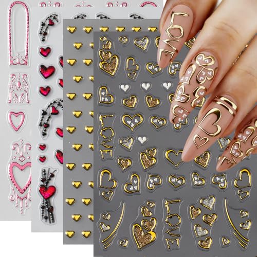 5D Embossed Heart Nail Stickers Gold Pink Valentine Decals 4 Sheets