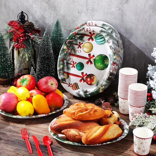 Christmas Ball Pattern Oval Paper Plates 10x12 Inches - Green, 100 Pack