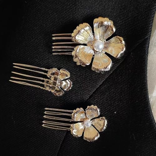 SICOPEE 3 Pack Vintage Gold Flower & Pearl Hair Combs for Wedding Bridal