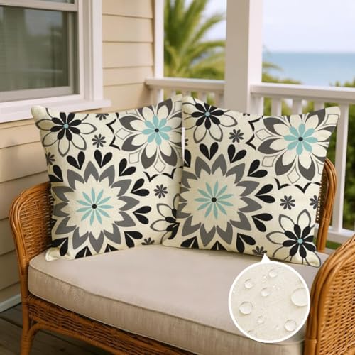 Waterproof 18x18 Inch Outdoor Pillow Covers Set of 2 - Black & Gray Floral
