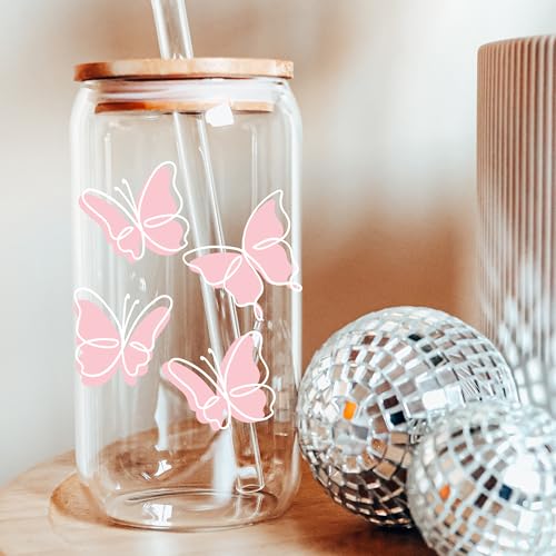 Pink Butterfly Glass Cup with Lids and Straws - Trendy Iced Coffee Tumbler - Variation 08-Pink Butterfly