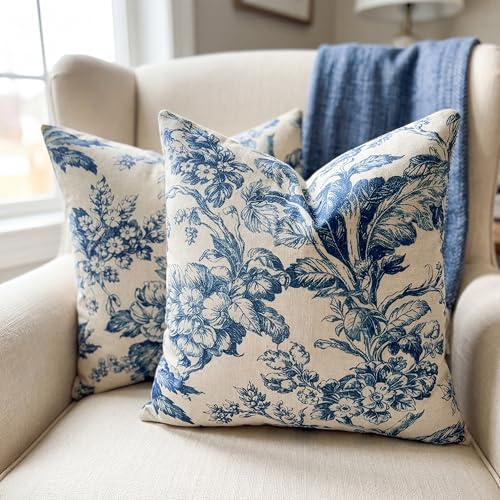 Vintage Blue White Floral Linen Throw Pillow Covers - Set of 2, 18x18
