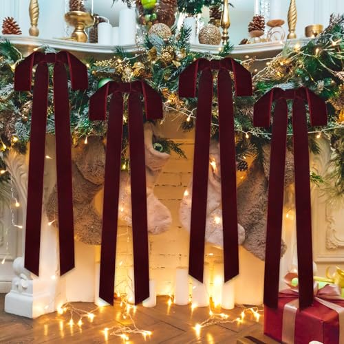 Christmas Velvet Wreath Bows 8 Pcs Large Burgundy 24x12 Inch Rustic Holiday Decor