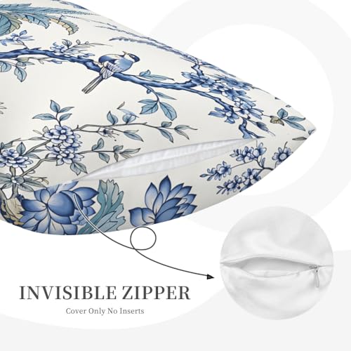 GSRONY Chinoiserie Blue Bird Lumbar Pillow Cover, 12x20 Inch Cotton Linen