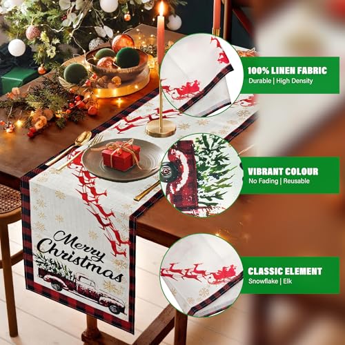 Buffalo Plaid Christmas Table Runner - 13 x 72 Inch Red Truck Decor