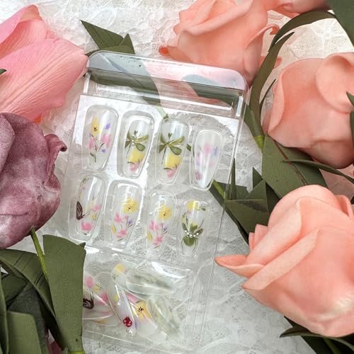 Press On Nails Medium Almond Floral False Nails with 3D Pearls