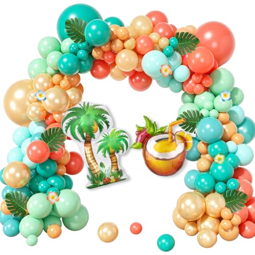 Amandir 165Pcs Tropical Balloon Arch Kit with Palm Leaves - Aqua Blue