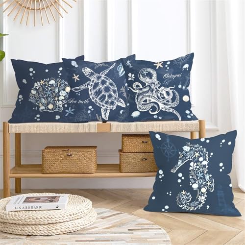 Sea Turtle Throw Pillow Covers Set of 4 - 18x18 Inch Ocean Decor