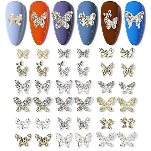 WOKOTO 36 Pcs 3D Butterfly Nail Charms Gold and Silver Rhinestones