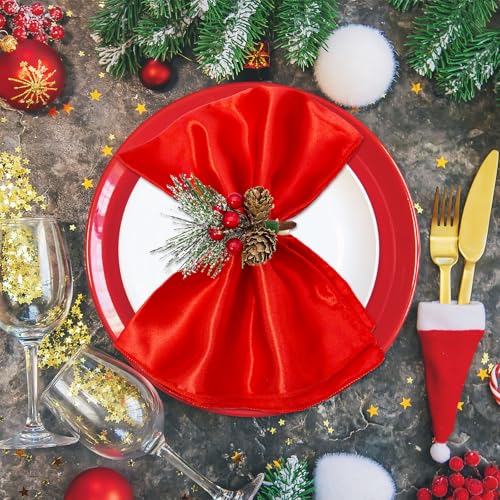 Christmas 16pcs Napkins & Rings Set Snowy Pine Cone Poinsettia Red Berry - Middle
