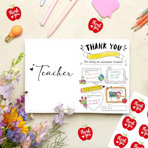 Teacher Appreciation Cards 6 Pack - Thank You Greeting Cards with Envelopes