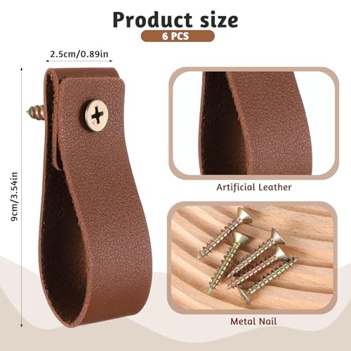 6 Pcs Brown PU Leather Wall Hooks - Boho Style Hanging Straps for Towels