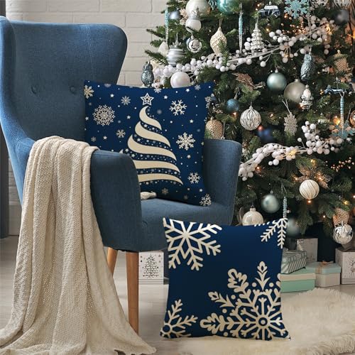 Blue Christmas Pillow Covers 18x18, Set of 4 Snowflake Holiday Decor