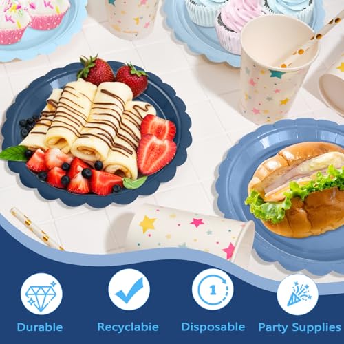 WNINK 48 Pcs Gradient Blue Disposable Paper Plates - 7" Scalloped Dessert Plates for Parties