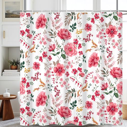 Watercolor Pink Floral Shower Curtain, 48" x 72" Farmhouse Fabric Bath Set