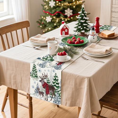 Artscope Reindeer Snowman Christmas Tree Table Runner 13x120 Inch Beige - Holiday Kitchen Decor