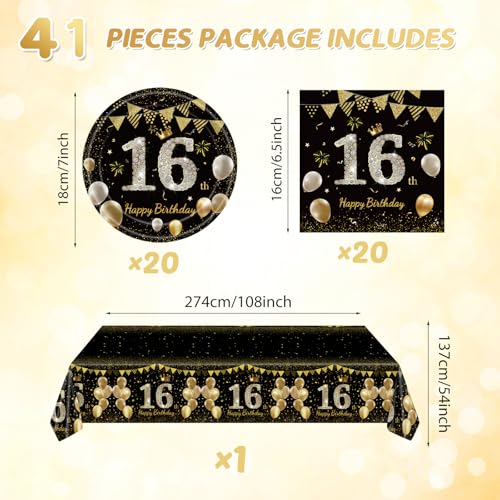 16th Birthday Decorations Set - Black Gold Party Supplies for Teens