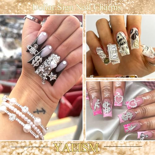 YAEISM 16PCS 3D Dollar Sign Nail Charms Gold and Silver Rhinestones