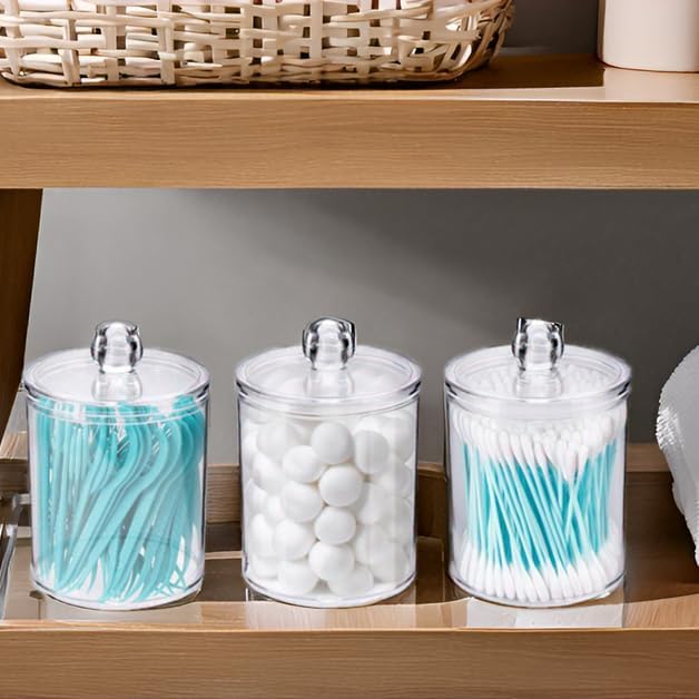 WEISHI Qtip Holder Dispenser - Clear Plastic Apothecary Jar for Cotton Balls, Swabs & Pads | 4 Pack Bathroom Storage