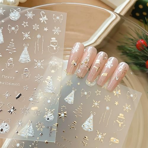 TENOC Christmas Nail Art Stickers, 3D Metallic Decals 2 Pcs Gold & Silver