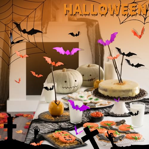 FANDAMEI 140PCS Halloween Bat Wall Decor - Black, Purple, Orange, 3D Indoor Outdoor Bat Stickers for Party & Home