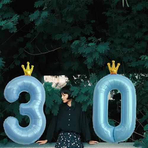 40 Inch Baby Blue Number 30 Crown Balloon Set for Birthday Party