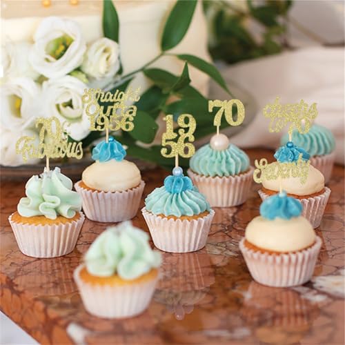 70th Birthday Cupcake Toppers - 12 Gold Glitter Decorations