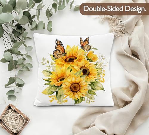 Sunflower Floral Butterfly Pillow Covers 18x18 - Double-Sided Decor