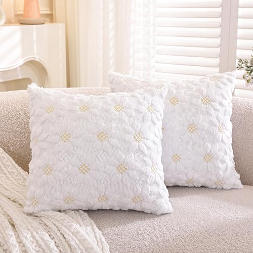 TAOSON White Sunflower Faux Fur Throw Pillow Covers 18x18 Set of 2