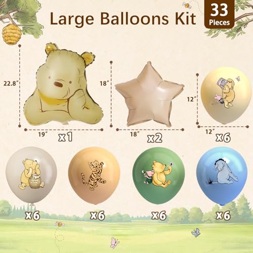 33Pcs Winnie The Pooh Baby Shower Balloon Set | 12-Inch Latex & Foil Balloons for Birthday & Gender Reveal Decorations