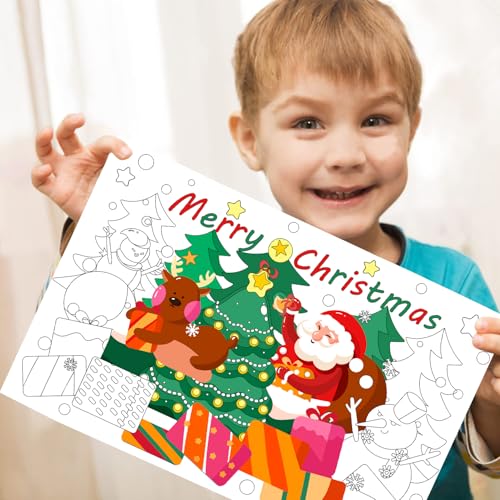 Merry Christmas Disposable Kids Place Mats - 12 Coloring Sheets 17x11 Inches