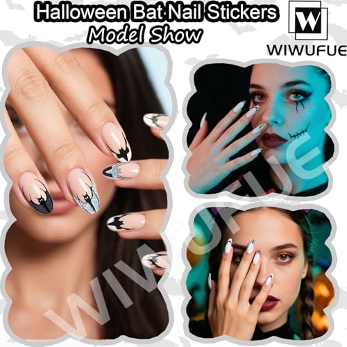 WIWUFUE 3D Bat Halloween Nail Stickers Glitter Gothic Decals 5 Sheets