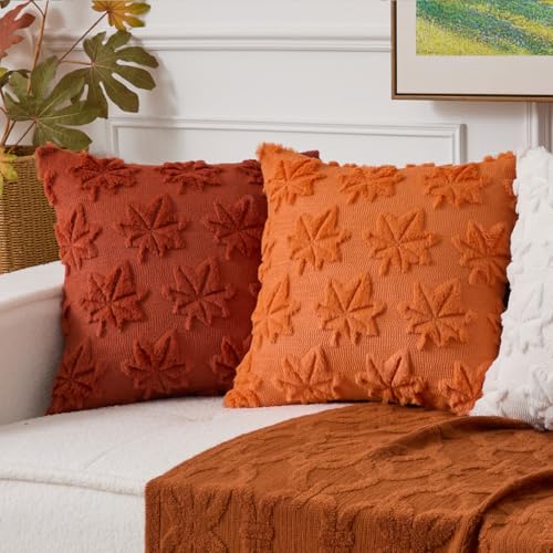 UGASA 18x18 Inch Fall Leaves Pillow Covers Set of 2 - Orange