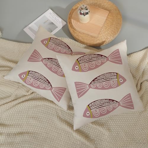 Coastal Pink Fish Pillow Covers 18x18 Inch Set of 2 - Nautical Throw Pillows for Home Decor